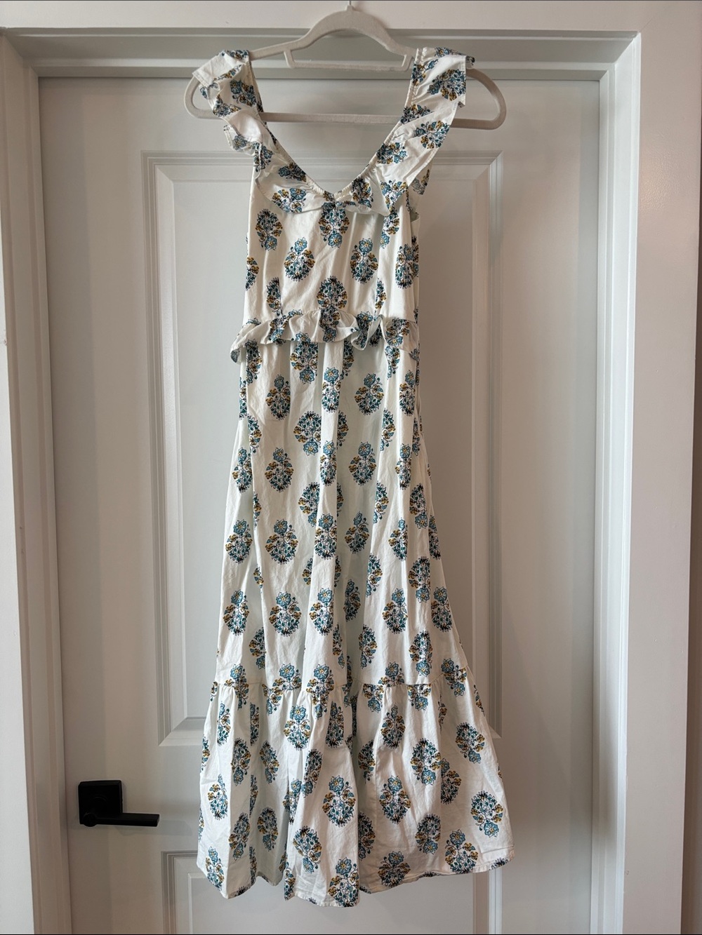 J. Crew White Maxi Dress with Blue and Green Floral Print